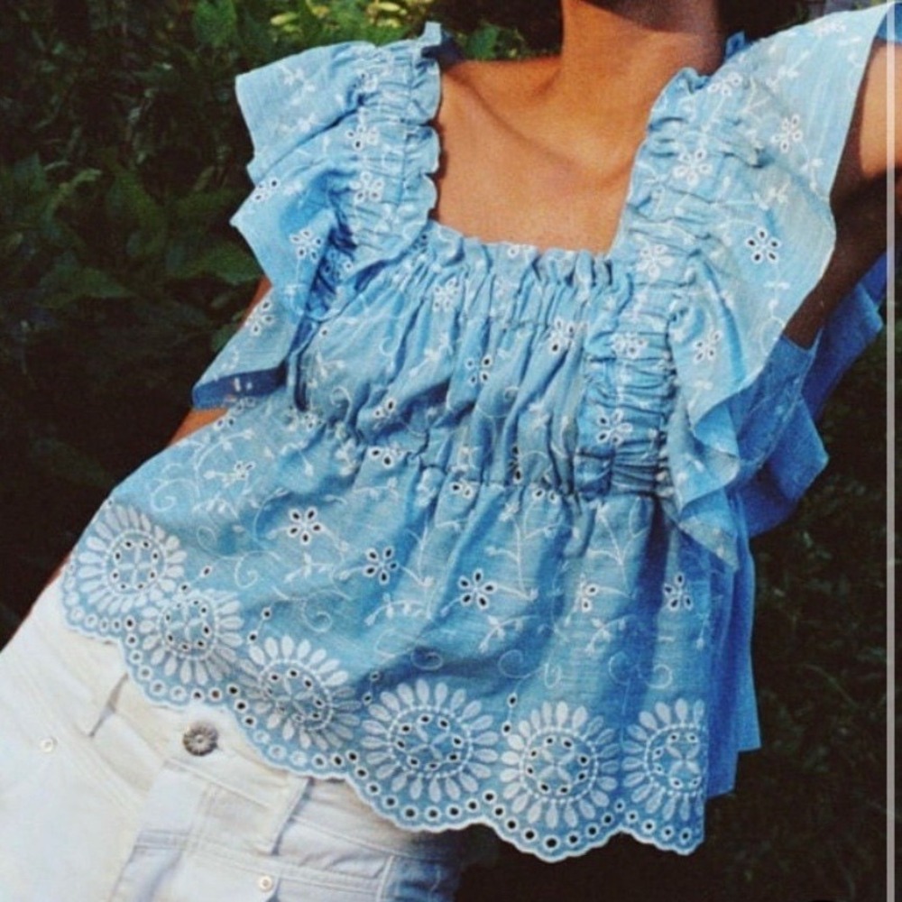 ZARA Blue OPEN-WORK EMBROIDERED Smocked RUFFLE SLEEVES Cropped Peplum Top Sz S